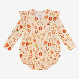 Girl's Bamboo Long Sleeve Ruffled Bubble Romper - Alphabet Medley Baby One-Pieces