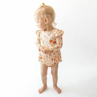 Girl's Bamboo Long Sleeve Ruffled Bubble Romper - Alphabet Medley Baby One-Pieces