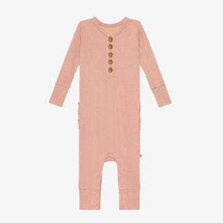 Girl's Bamboo Long Sleeve Ruffled Henley Romper - Desert Rose Waffle Baby One-Pieces