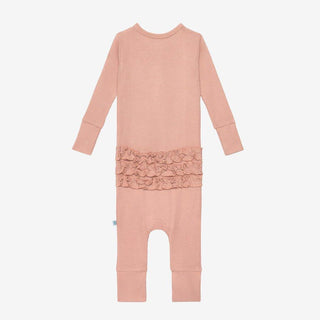 Girl's Bamboo Long Sleeve Ruffled Henley Romper - Desert Rose Waffle Baby One-Pieces