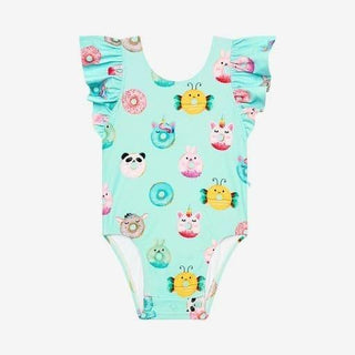 Girl's One Piece Basic Ruffled Cap Sleeve Swimsuit - Donuts Baby & Toddler Swimwear