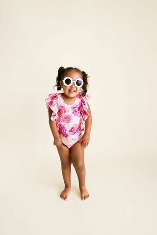 Girl's One Piece Ruffled Flutter Sleeve Swimsuit - Amira (Floral) Baby & Toddler Swimwear