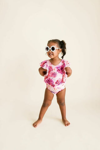 Girl's One Piece Ruffled Flutter Sleeve Swimsuit - Amira (Floral) Baby & Toddler Swimwear