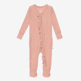 Girl's Solid Bamboo Ruffle Footie with Zipper - Desert Rose Waffle Baby & Toddler Sleepwear