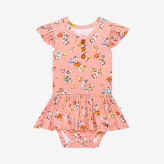Girl's Bamboo Ruffled Cap Sleeve Henley Twirl Skirt Bodysuit - Betty (Rabbits) Baby One-Pieces