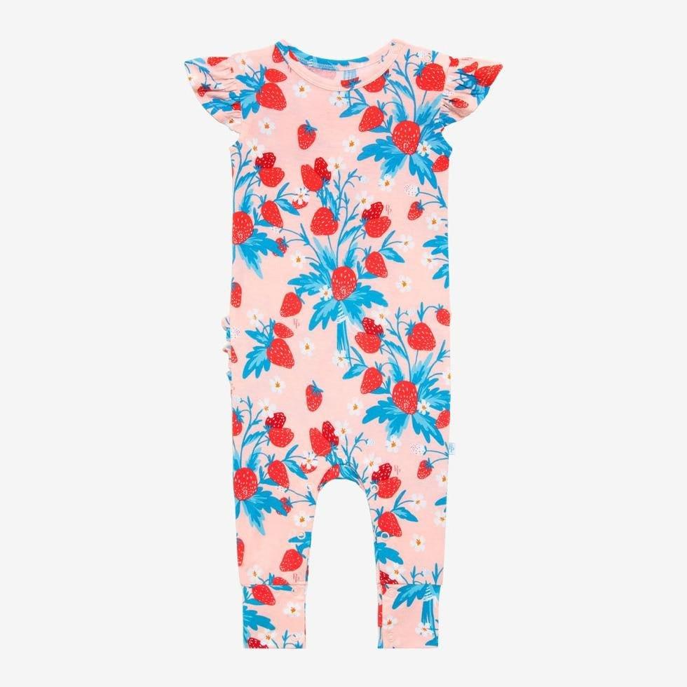 Posh Peanut Bamboo Ruffled Romper for Girls, Strawberry