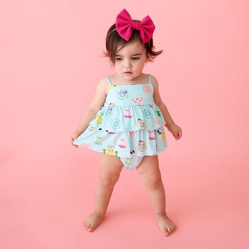 Posh Peanut Bamboo Girl's Ruffled Spaghetti Romper Donuts