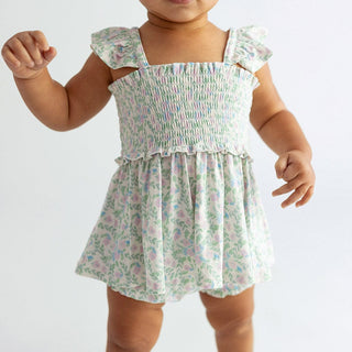 Posh Peanut Bamboo Smocked Flutter Sleeve Babydoll Top & Bloomer Outfit Set - Prairie Floral | Baby Riddle