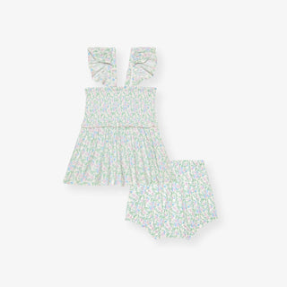 Posh Peanut Bamboo Smocked Flutter Sleeve Babydoll Top & Bloomer Outfit Set - Prairie Floral | Baby Riddle