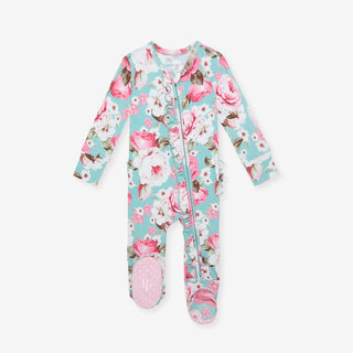 Bamboo Ruffle Footie with 2-Way Zipper - Briana (Floral)