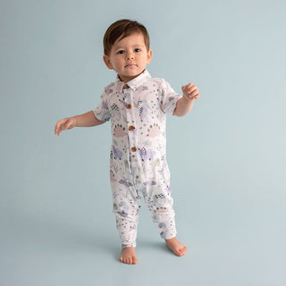 Bamboo Short Sleeve Collared Henley Long Romper - Milo (Dinosaurs)