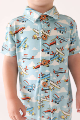 Posh Peanut Bamboo Short Sleeve Collared Henley Romper - Posh Planes | Baby Riddle