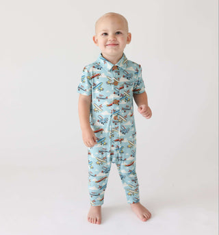 Posh Peanut Bamboo Short Sleeve Collared Henley Romper - Posh Planes | Baby Riddle