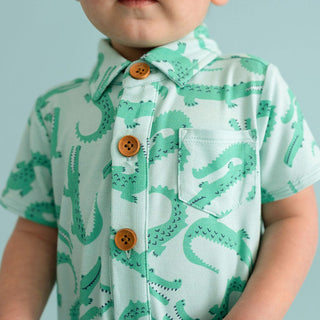 Bamboo Short Sleeve Collared Henley Romper - Smiles (Crocodiles)