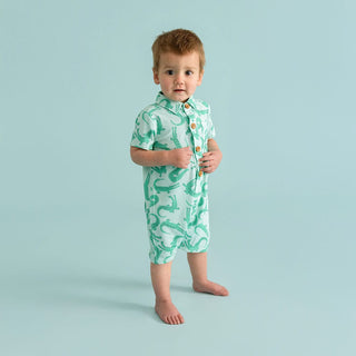Bamboo Short Sleeve Collared Henley Romper - Smiles (Crocodiles)