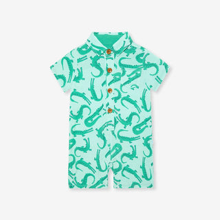 Bamboo Short Sleeve Collared Henley Romper - Smiles (Crocodiles)