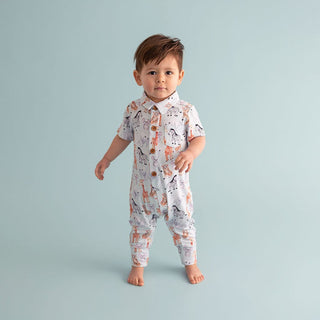 Bamboo Short Sleeve Collared Henley Long Romper - Zoo Babies (Animals)