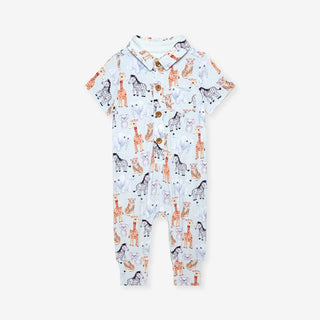 Bamboo Short Sleeve Collared Henley Long Romper - Zoo Babies (Animals)