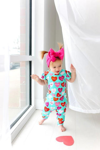 Bamboo Ruffled Cap Sleeve Romper with Hearts - Valerie (Hearts) Posh Peanut Size: 0-3 Months