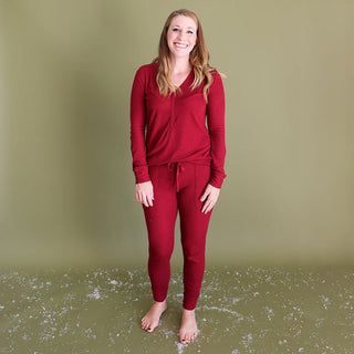 Women's Solid Bamboo Long Sleeve Pajama Set, Bordeaux Waffle Pajamas