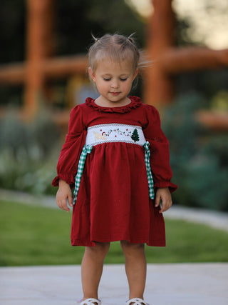 Christmas Smocking Embroidered Girls Dress with Green Plaid Bow