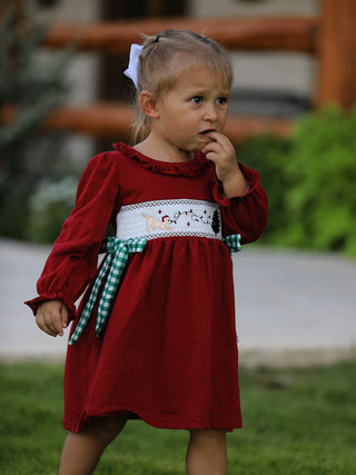 Christmas Smocking Embroidered Girls Dress with Green Plaid Bow