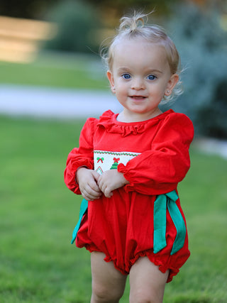 Christmas Smocked Girls Romper with Green Bow and Tree Embroidery