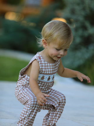 Christmas Vintage-Style Plaid Embroidered Gingerbread and Bows Boy Romper