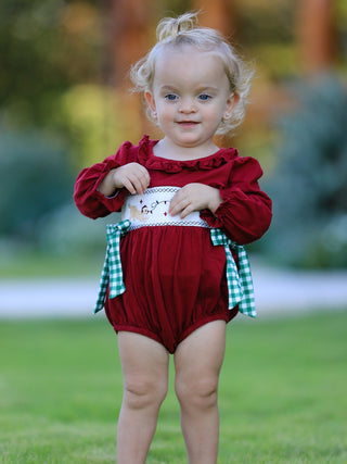 Christmas Embroidered Baby Girls Romper with Green Plaid Bow