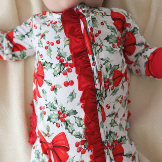 Bamboo Ruffle Footie with 2-Way Zipper - Happy Holly-Days