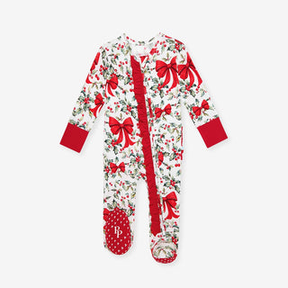 Bamboo Ruffle Footie with 2-Way Zipper - Happy Holly-Days