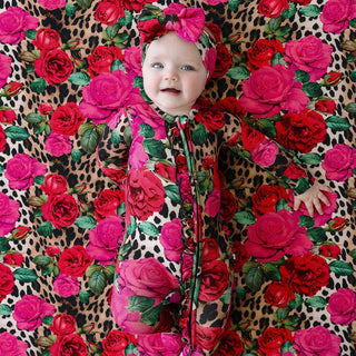 Bamboo Ruffle Footie with 2-Way Zipper - Wild Roses Posh Peanut