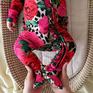 Bamboo Ruffle Footie with 2-Way Zipper - Wild Roses Posh Peanut