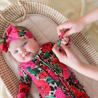 Bamboo Ruffle Footie with 2-Way Zipper - Wild Roses Posh Peanut