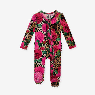 Bamboo Ruffle Footie with 2-Way Zipper - Wild Roses Posh Peanut
