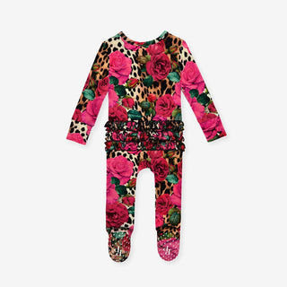 Bamboo Ruffle Footie with 2-Way Zipper - Wild Roses Posh Peanut
