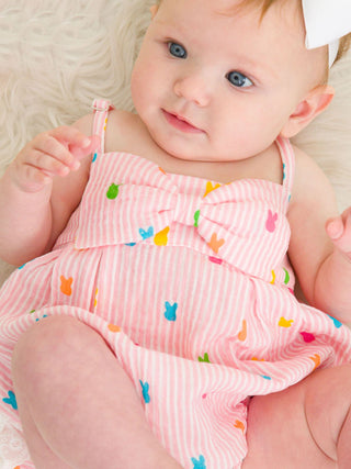 RuffleButts + RuggedButts Cotton Gauze Bow Front Bubble Woven Romper - Pink Bunny Stripe | Baby Riddle