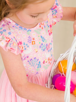 RuffleButts + RuggedButts Cotton Flutter Sleeve Tulle Twirl Dress - Bunny and Friends | Baby Riddle