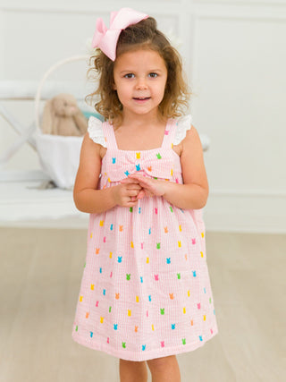 RuffleButts + RuggedButts Cotton Gauze Flutter Sleeve Bow Front Woven Dress - Pink Bunny Stripe | Baby Riddle