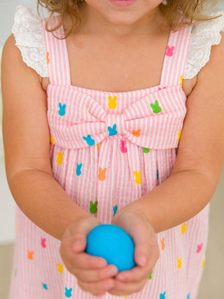 RuffleButts + RuggedButts Cotton Gauze Flutter Sleeve Bow Front Woven Dress - Pink Bunny Stripe | Baby Riddle