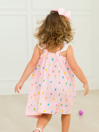Cotton Gauze Flutter Sleeve Bow Front Woven Dress - Pink Bunny Stripe Baby & Toddler Dresses RuffleButts + RuggedButts Size: 2T