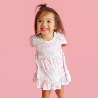 Bamboo Ruffled Twirl Bodysuit Dress - April (Rainbows) Posh Peanut Size: 3-6 Months