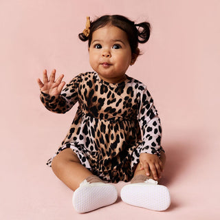 Bamboo Ruffled Twirl Bodysuit Dress - Loretta Leopard Posh Peanut