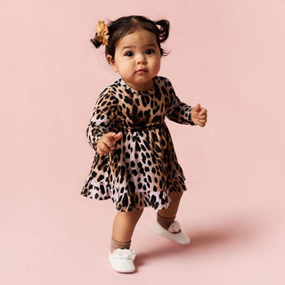 Bamboo Ruffled Twirl Bodysuit Dress - Loretta Leopard Posh Peanut