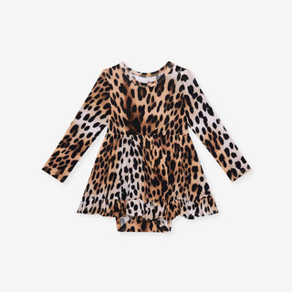Bamboo Ruffled Twirl Bodysuit Dress - Loretta Leopard Posh Peanut
