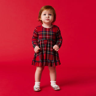 Bamboo Ruffled Twirl Bodysuit Dress - Red Tartan Plaid