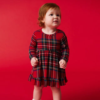 Bamboo Ruffled Twirl Bodysuit Dress - Red Tartan Plaid