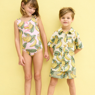 Cotton Short Sleeve Jack Shirt - Banana Leaves Pink Chicken Size: 2T