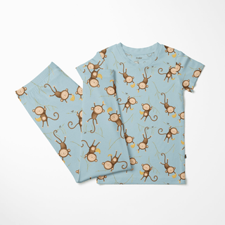 Bamboo Short Sleeve Pajama Set - Spring Sky Monkeys & Bananas Pajama Sets KicKee Pants Size: 3T