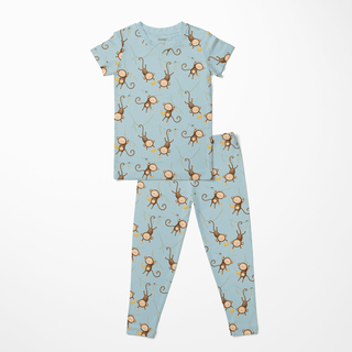 Bamboo Short Sleeve Pajama Set - Spring Sky Monkeys & Bananas Pajama Sets KicKee Pants Size: 3T